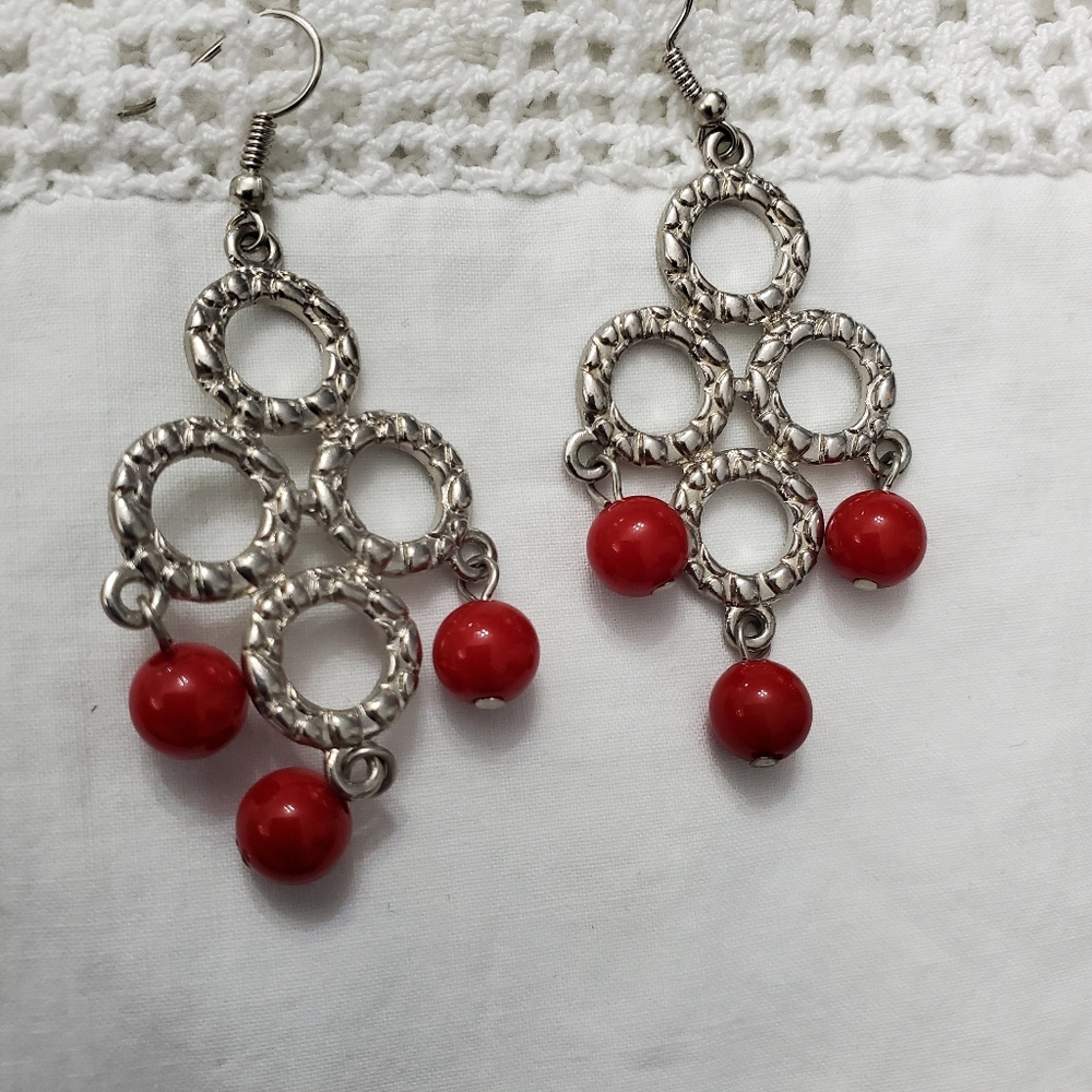 Red Bead Dangle Earrings in Textured Silver Alloy.  Nickel Free